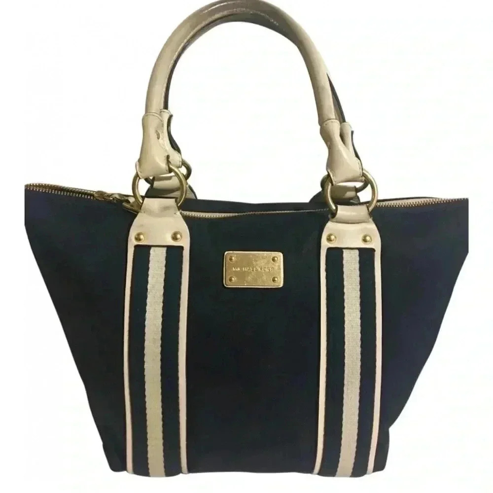 Michael Kors navy blue and white canvas nylon tote handbag